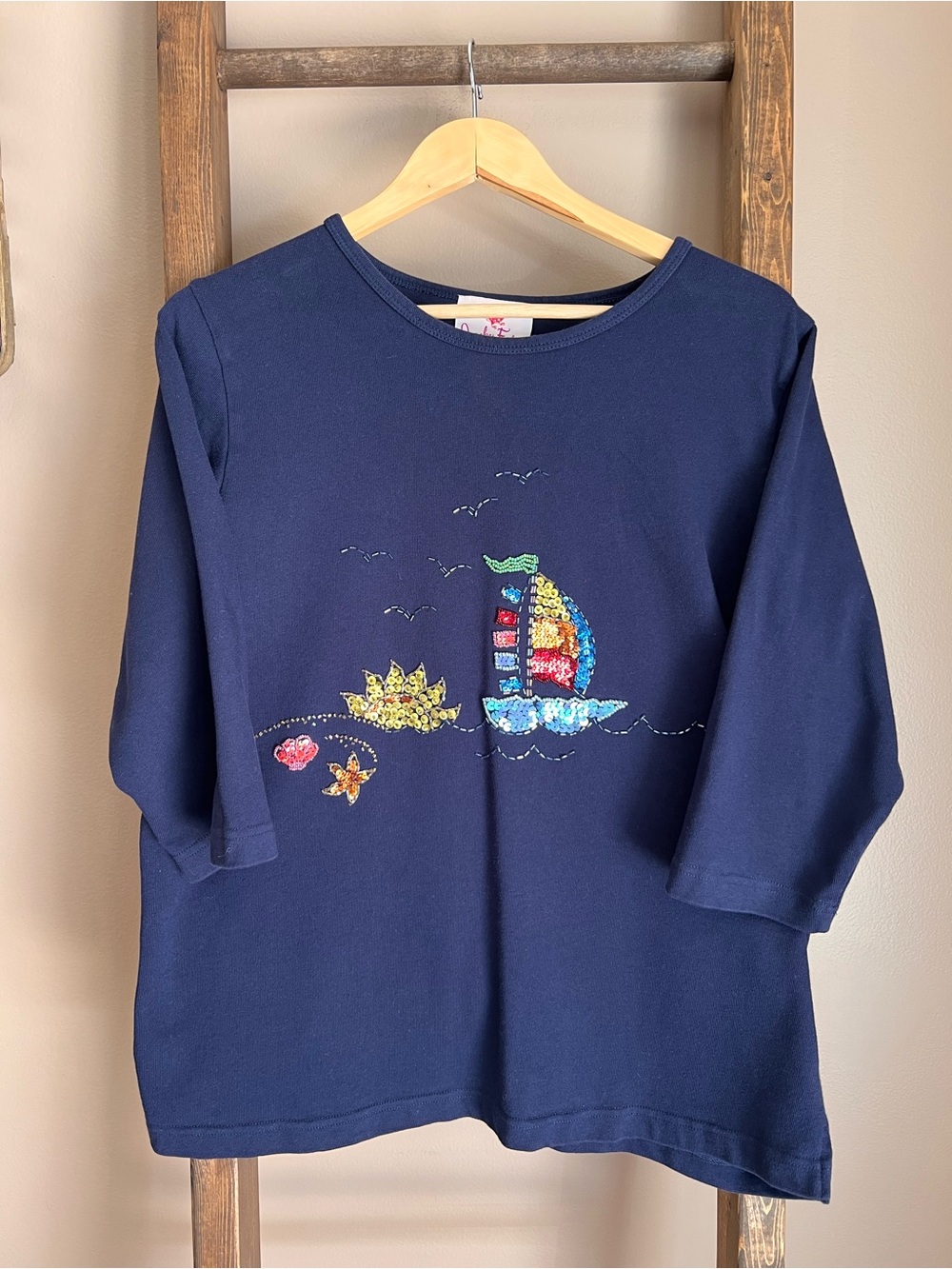 Quaker Factory Navy Sailboat Sequin Top